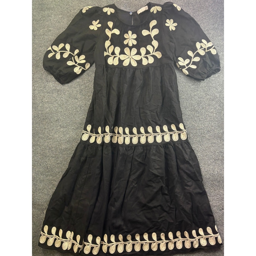 Caroline Constas Midi Dress Womens Small Black Embroidered Linen Blend Tiered